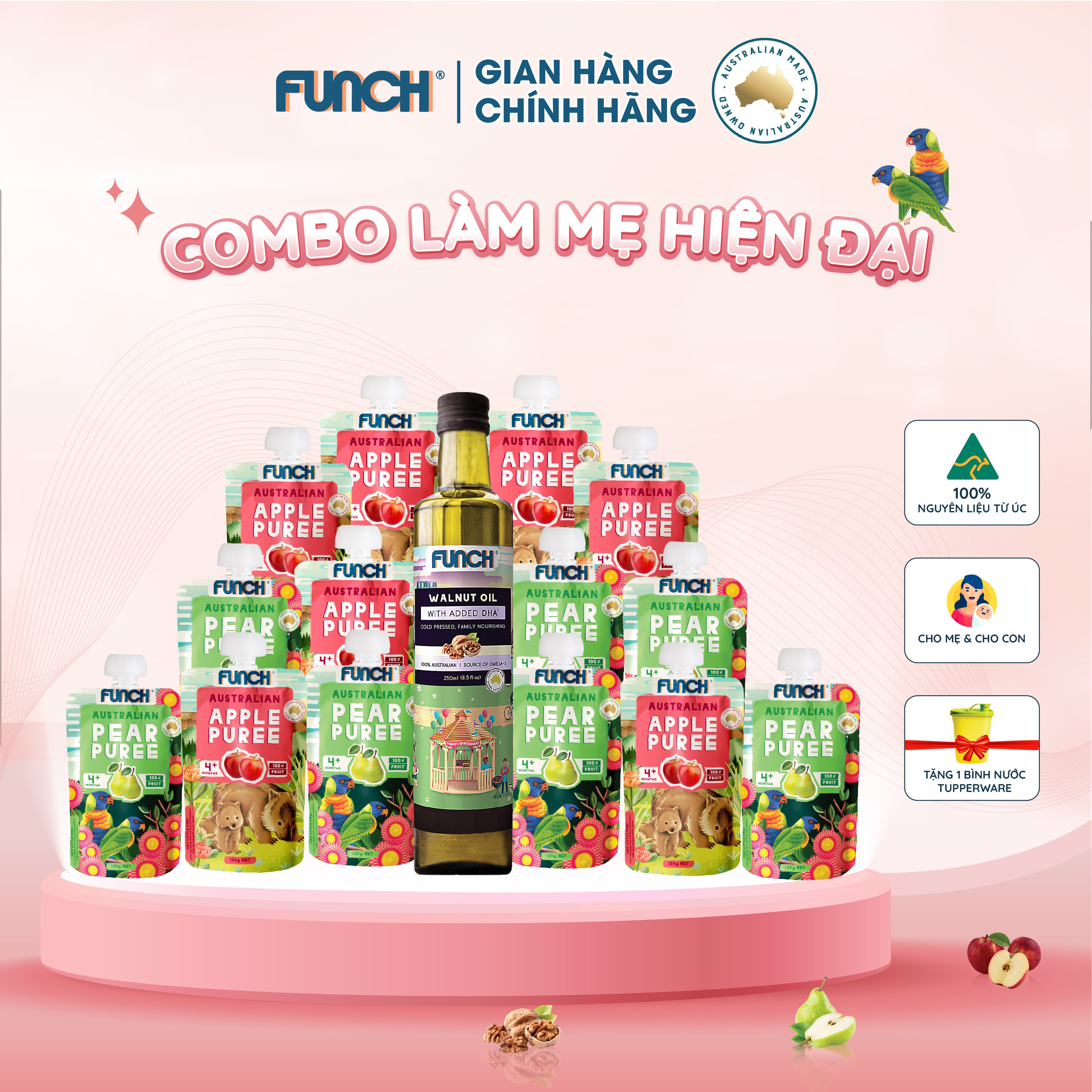 Combo 14 Gói Trái Cây Nghiền Ăn Dặm 120g Và 1 Chai Dầu Hạt Óc Chó Funch 250ml Tặng 1 Bình Nước 1 Lít