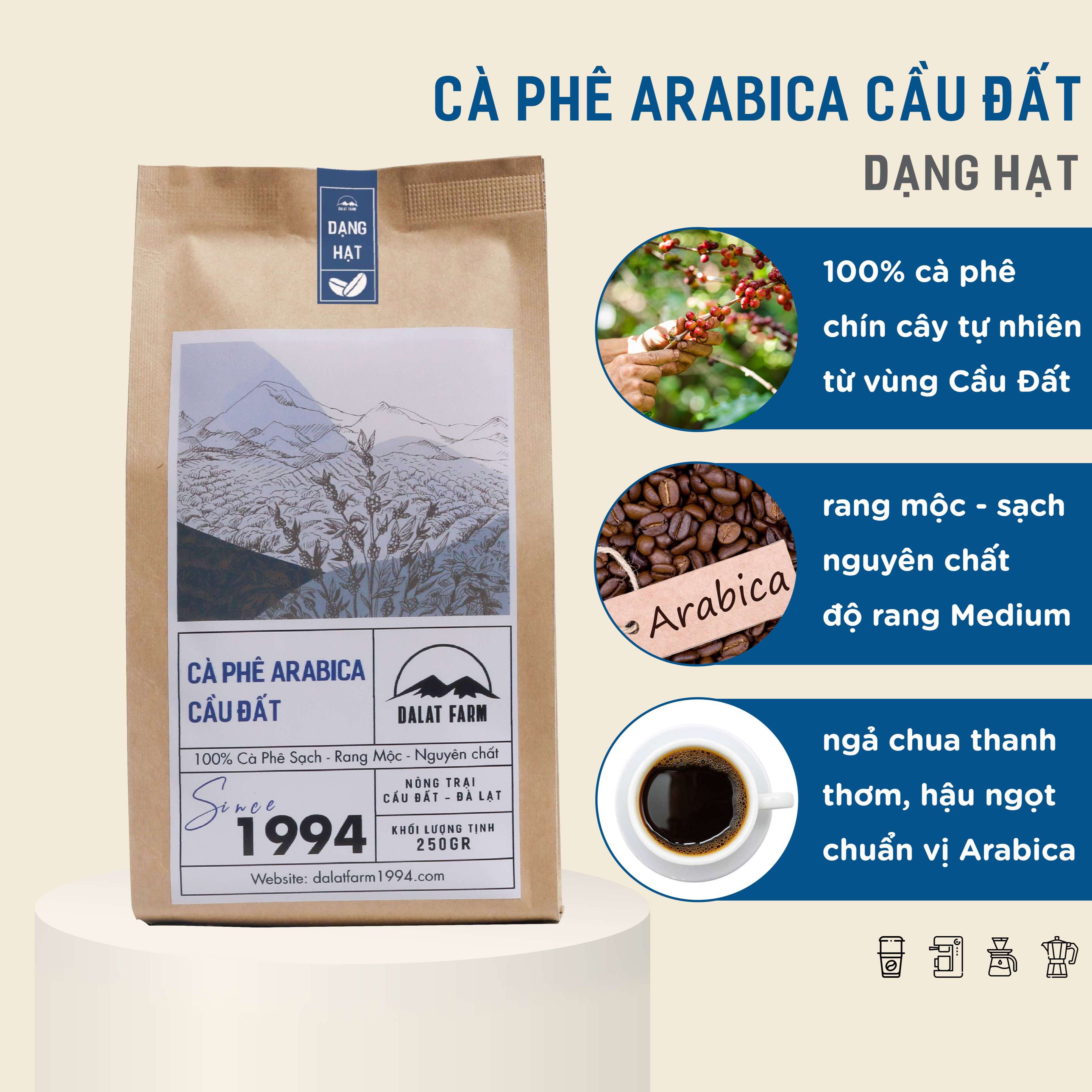 Cà phê hạt Arabica Cầu Đất rang xay mộc nguyên chất - Túi 250Gr (Dạng Hạt)