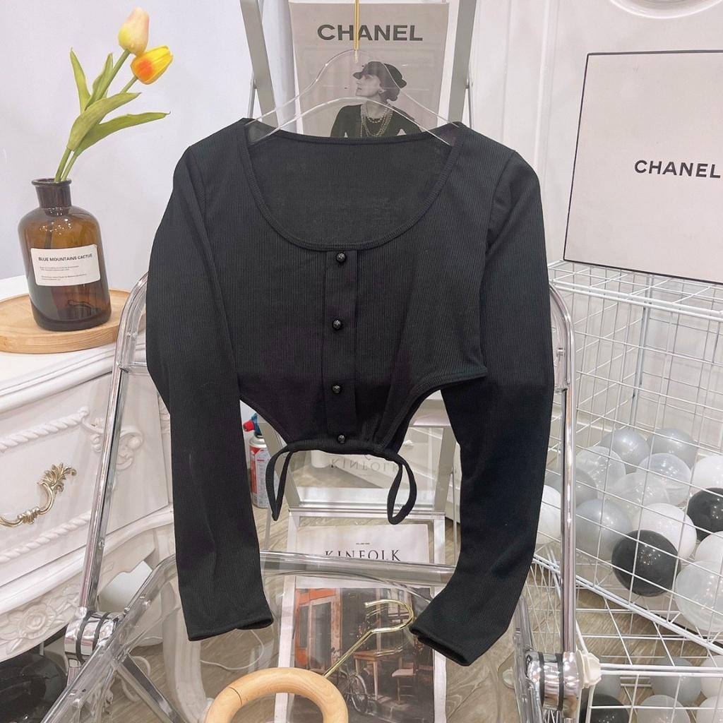 Áo croptop tay dài cổ vuông GenY - Áo kiểu nữ ôm body, eo phối dây cực tôn dáng, chất thun gân dày dặn