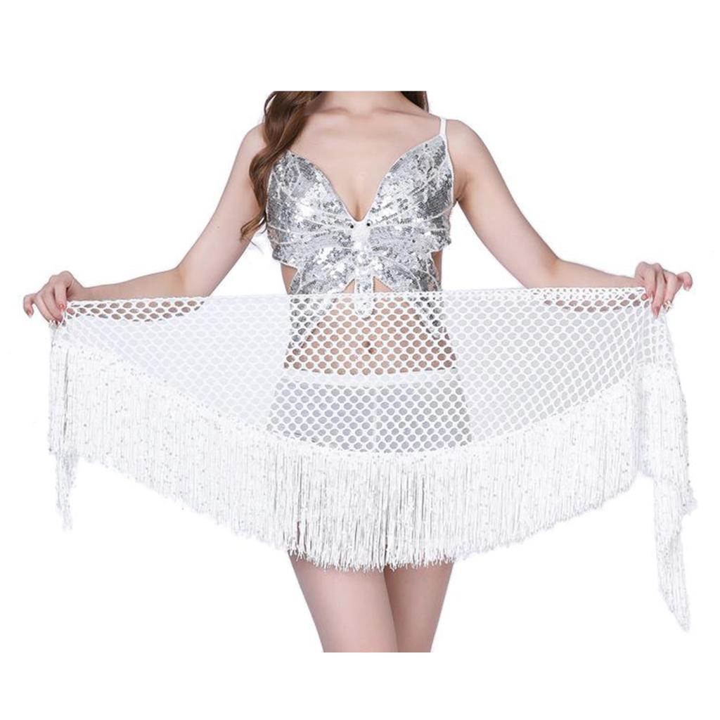 Sequins Belly Dance Hip  Tassel Mesh  Dancewear White