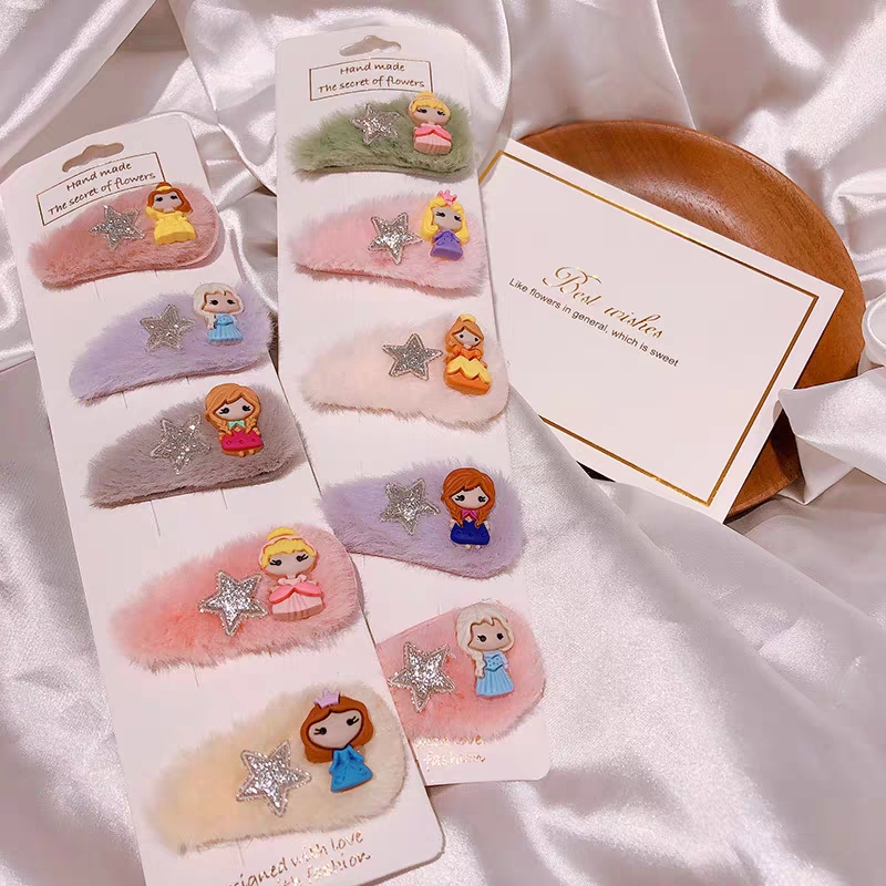 Set 5 Kẹp Tóc Mái Lông Nhân Tạo Hình Công Chúa Dễ Thương