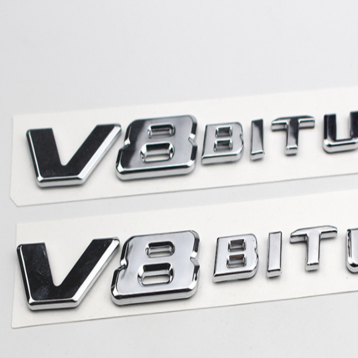 Decal tem chữ V8-Biturbo dán hông xe ô tô - Chất liệu: nhựa ABS cao cấp được mạ Crom - Kích thước: 19x2.3cm - 2 màu: Đen và Bạc