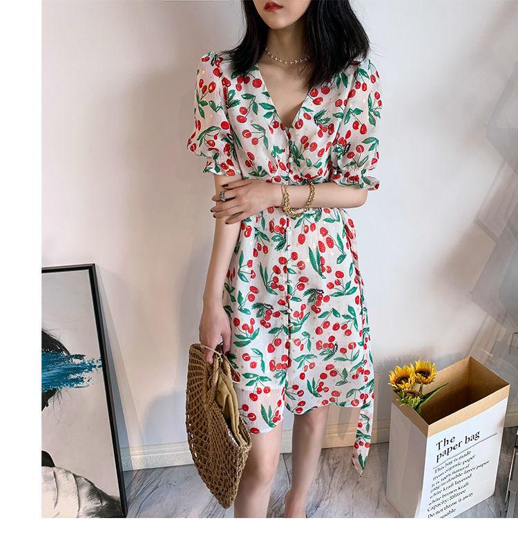 DONGSHOP 2021 mùa hè thắt lưng ngọt ngào trà nghỉ váy nữ Pháp anh đào chiffon hoa bong bóng tay áo đầm dài