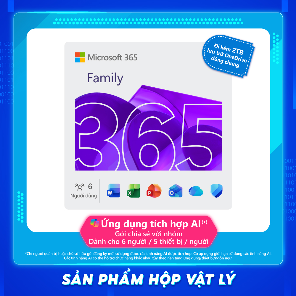 Phần mềm Microsoft 365 FAMILY Tối đa 6 người 12 tháng 2 TB OneDrive dùng chung 5 thiết bị người