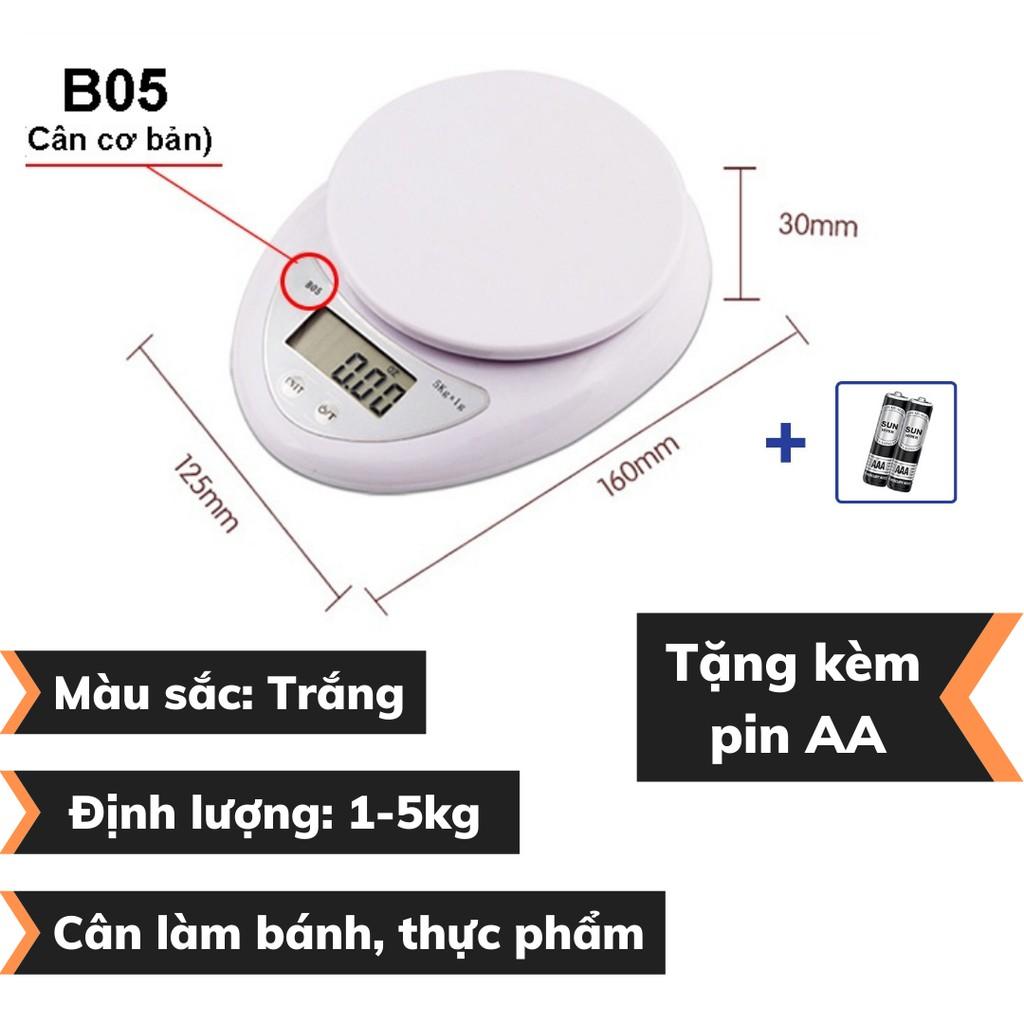 Cân điện tử 5kg làm bánh cân làm bếp định lượng 0.1-5kg B05 - Plus độ chính xác cao cân điện tử kèm 2 viên pin AA