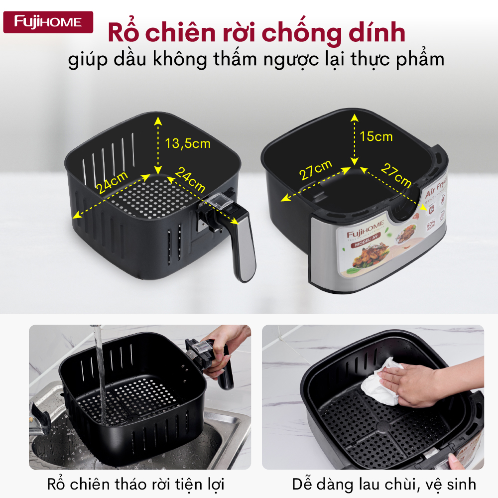 Nồi chiên không dầu 9.2L Nhật Bản Fujihome tự ngắt (kèm gắp), Lò chiên nướng không khí cơ 9 lít không hơi nước air fryer - Hàng Nhập Khẩu