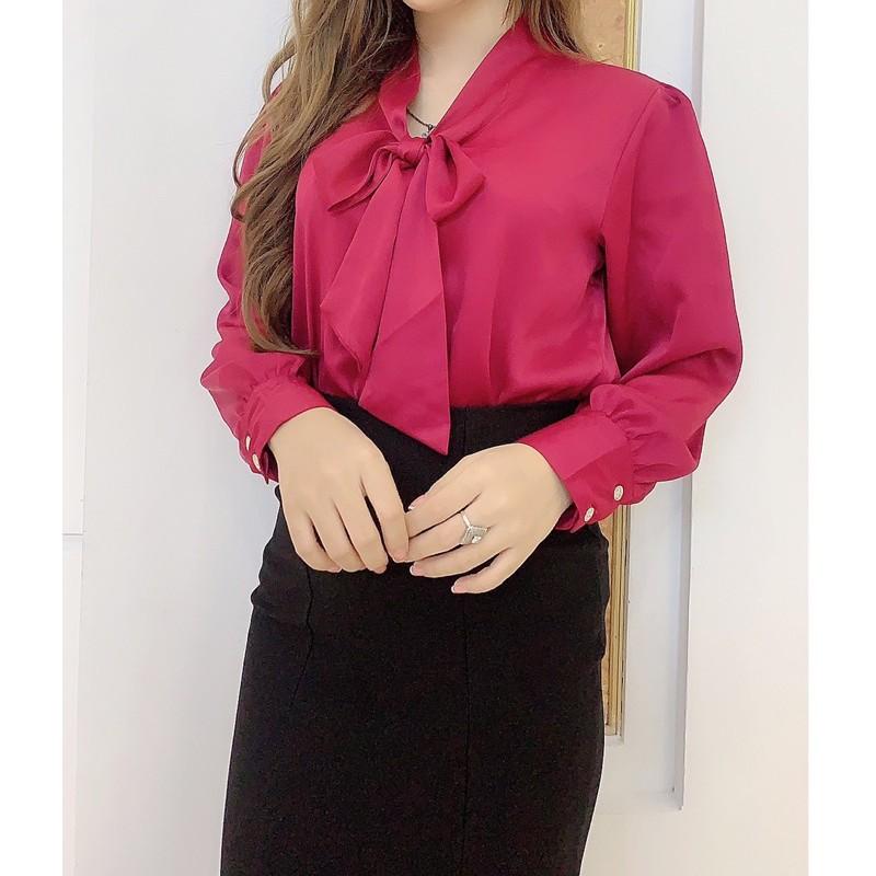 Áo kiểu chất Lụa tay dài phối nơ thiết kế dáng rộng thời trang công sở thanh lịch