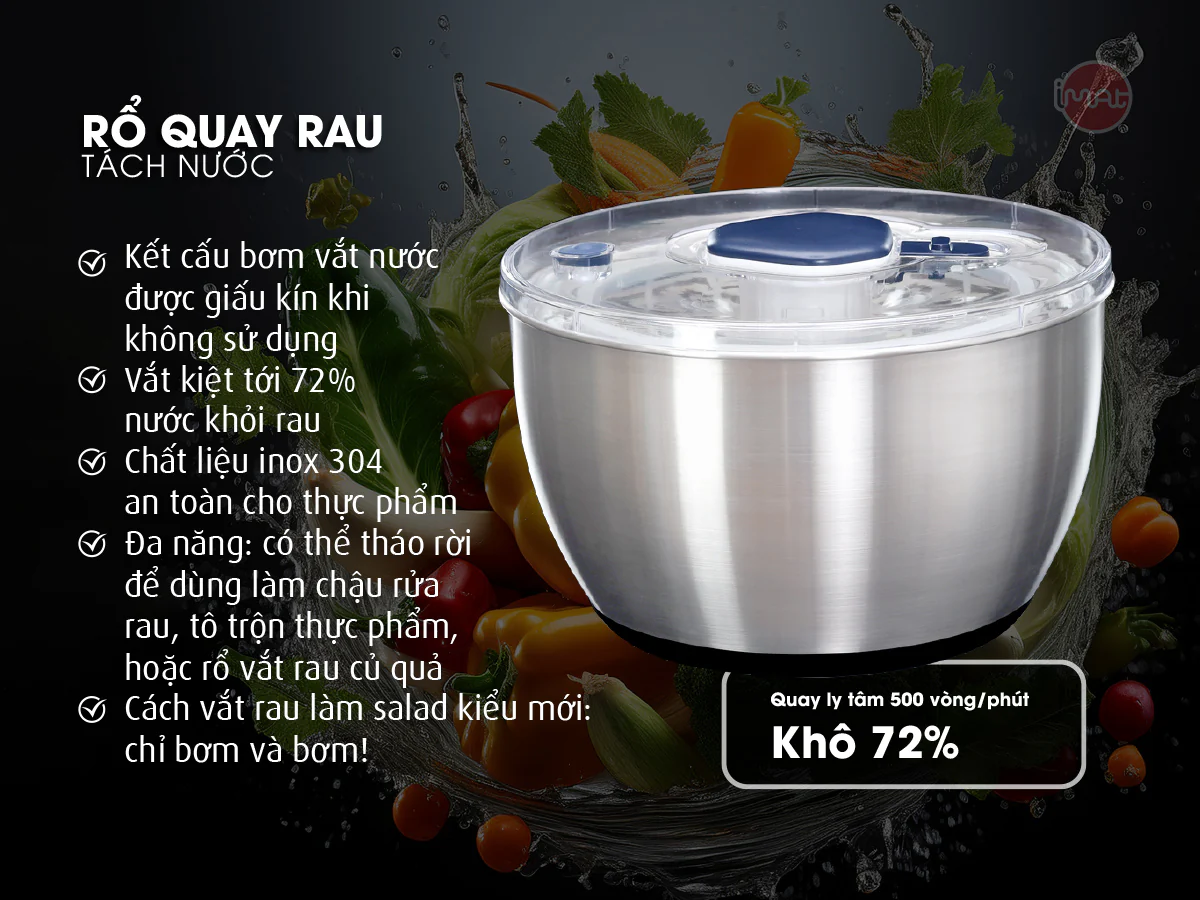 [Chính hãng iMAT] Rổ Quay Vắt Rau IMAT Tách Nước Nhanh, Dễ Dùng, Chất Liệu Inox 304, Nhựa PP Cao Cấp
