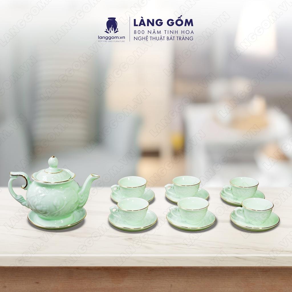 Bộ ấm chén phú quý men xanh miệng tròn - Gốm sứ Bát Tràng - LÀNG GỐM