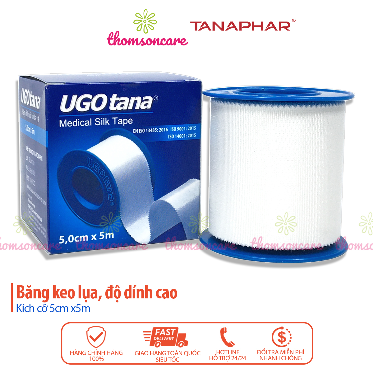 Băng dính vải y tế Ugotana 5cm x 5m - Lụa mềm, độ dính cao, thấm hút hiệu quả dùng sơ cứu vết thương