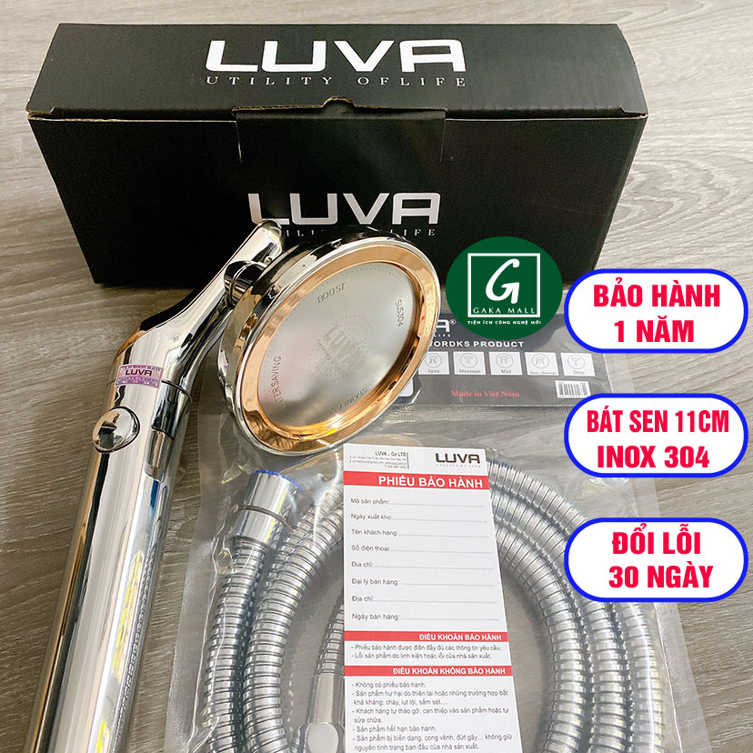 Combo vòi hoa sen Luva VS6 kèm dây sen Luva, dài 1,5m, inox 304 chống xoắn, đường kính bát sen11cm, Bật/Tắt trực tiếp trên vòi sen