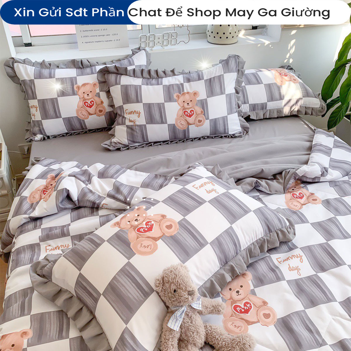 Bộ Chăn Ga Gối Đệm Hè Cotton Tici ANNA NGUYÊN Drap Giường Cotton Cao Cấp Mẫu Kẻ Ô Bo Chun Drap