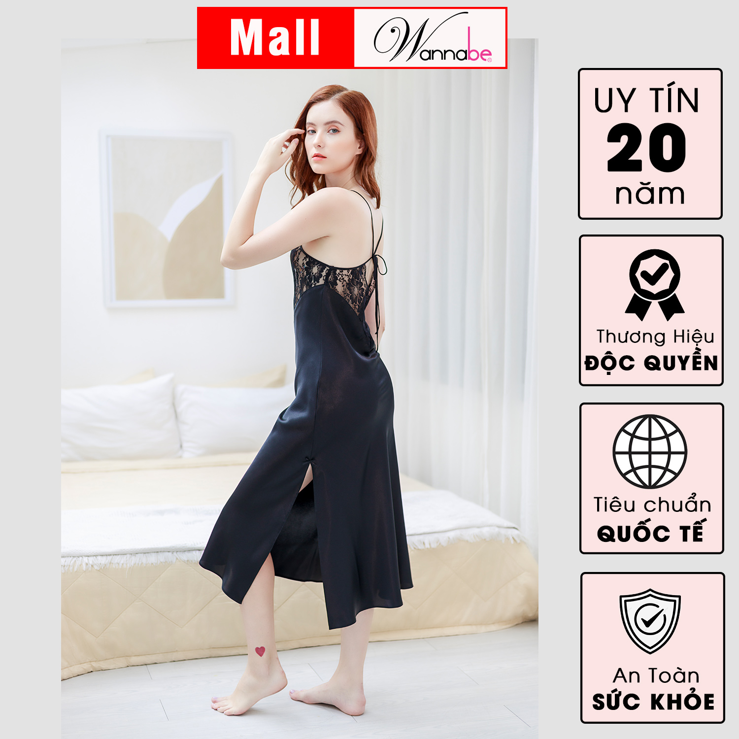 Đầm Ngủ Phi Lụa Cao Cấp Wannabe Dns25 Váy Ngủ Dài Phối Ren Thân Trên Cột Nợ Quyến Rũ Quý Phái - Đen - Xl