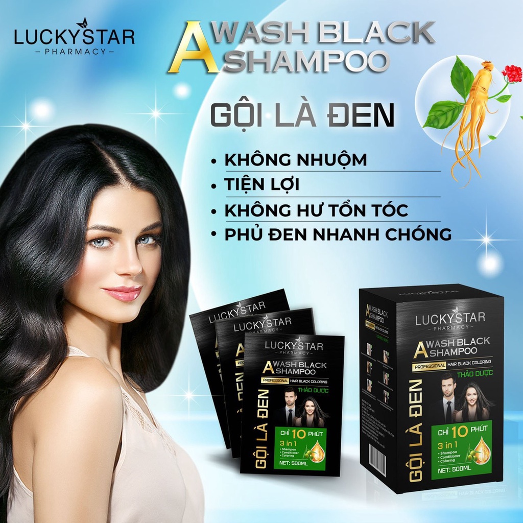 Dầu gội phủ bạc thảo dược cao cấp. Gội là đen LUCKY STAR chiết xuất nhân sâm và thảo mộc tự nhiên. Dầu gội nhuộm tóc giúp tóc đen tự nhiên, khỏe mạnh. Dầu gội đen tóc trong 10 phút ngay tại nhà, phiên bản mới có lược