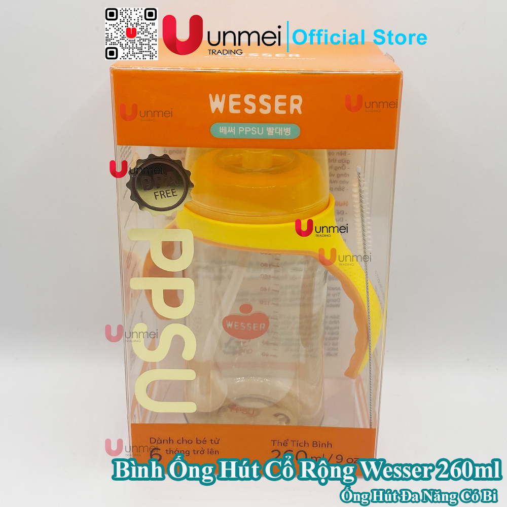 Bình Cổ Rộng Ống Hút PPSU Wesser (260ml), Bình Tập Uống Cho Bé Từ 6m+ Trở Lên, Có Tay Cầm Cho Bé