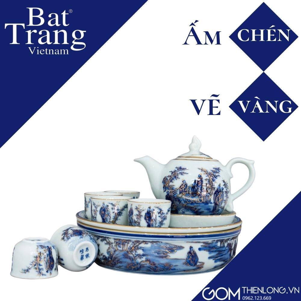 Ấm Chén Vẽ Vàng Trúc Lâm Thất Hiền - Bộ Ấm Chén Bát Tràng Cao Cấp - Gốm Thiên Long