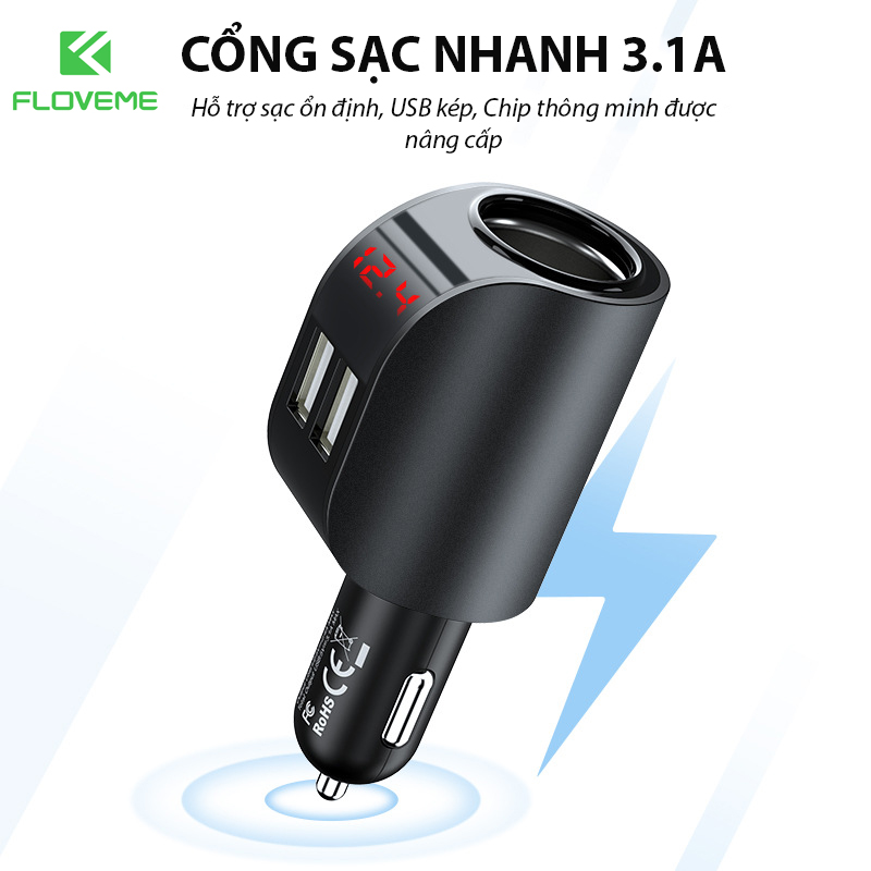 Bộ Sạc Trên Xe Hơi FLOVEME 5V 3.1A, 2 Cổng USB, Hiển Thị Kỹ Thuật Số, Dùng Cho Điện Thoại Di Động,  Nhanh Máy Tính Bảng, Kết Hợp GPS,  Xe Xiaomi, iPhone, Samsung, 2 Cổng - Hàng chính hãng