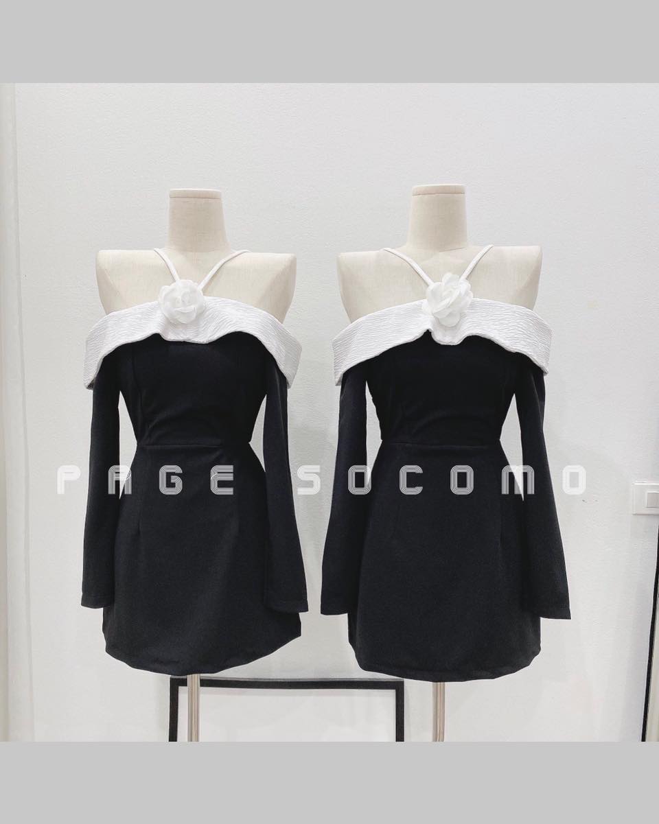 Váy đầm thiết kế đen cổ yếm hoa viền trắng sang chảnh Socomo V1382022