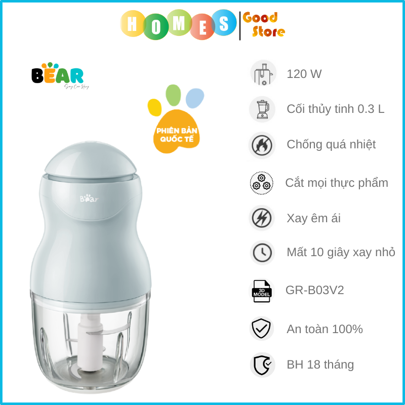 Máy Xay Thực Phẩm Đa Năng, Máy Xay Ăn Dặm BEAR GR-B03V2 Xay Cực Êm An Toàn Vệ Sinh, Dung Tích 0.3 Lít Công Suất 120 W - Hàng Chính Hãng