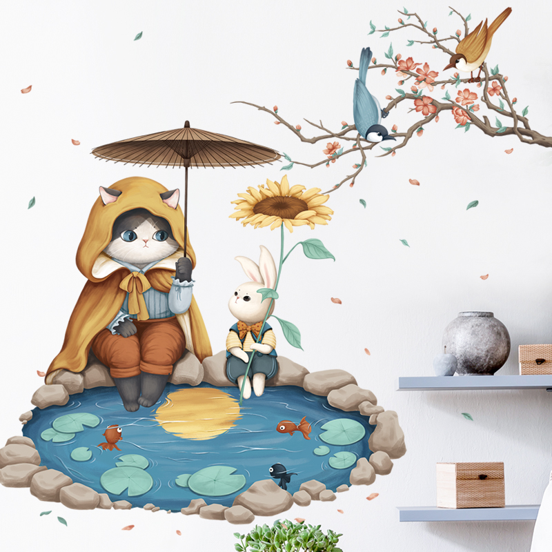 Sticker Giấy Dán Tường Decal Dán tường Tranh Dán Tường Trang Trí Tường Mẫu Mèo và Thỏ bên hồ cá ZDB-2557