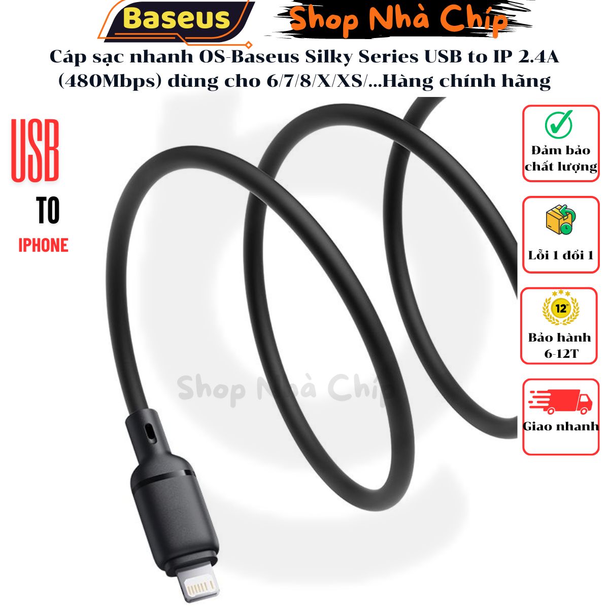 Cáp sạc nhanh OS-Baseus Silky Series USB to IP 2.4A (480Mbps) dùng cho 6/7/8/X/XS/...Hàng chính hãng