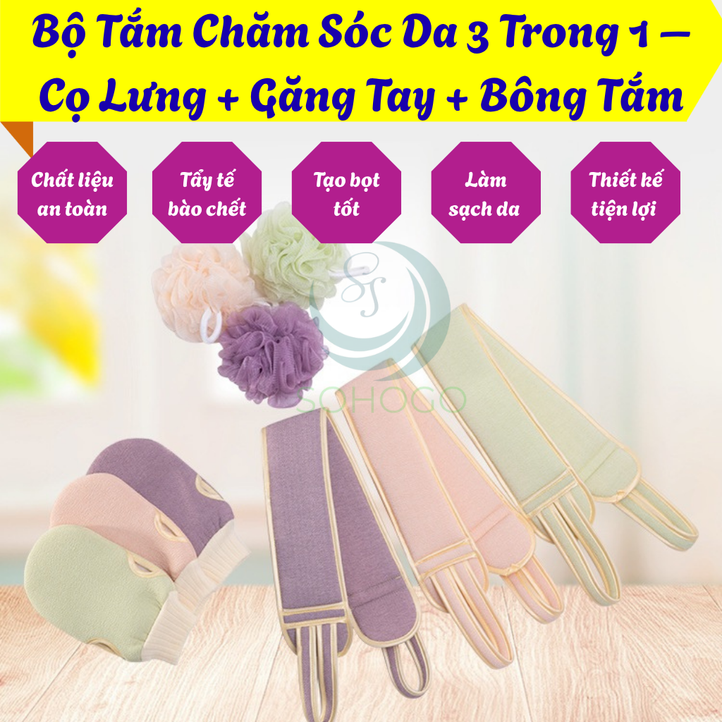 Bộ Tắm Chăm Sóc Da 3 Trong 1 – Cọ Lưng + Găng Tay + Bông Tắm