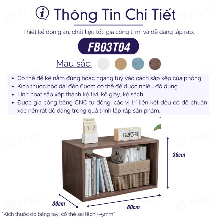 Kệ Sách Gỗ Đa Năng Gỗ MDF FIVO FB03, Có Tấm Lưng, Dễ Lắp Ráp, Nhiều Màu Sắc (60 x 30 x 36 cm) - Hàng Chính Hãng