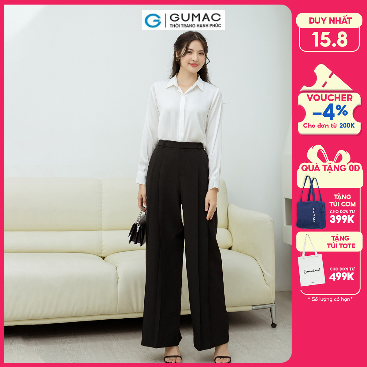 Quần tây nữ ống rộng lưng rời chiết ly GUMAC QD08054