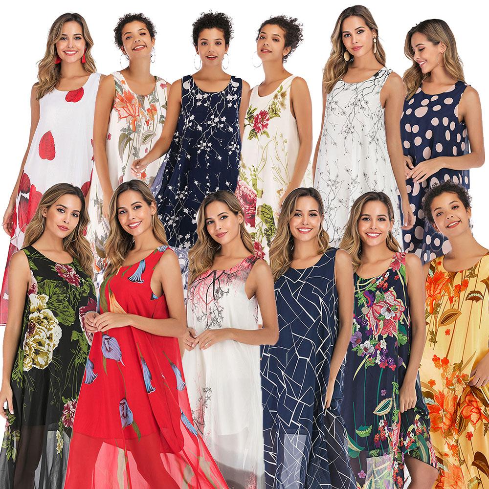 New Women Chiffon Dress O Neck Sleeveless Floral Print Summer Beach Holiday Long Loose Boho Sundress