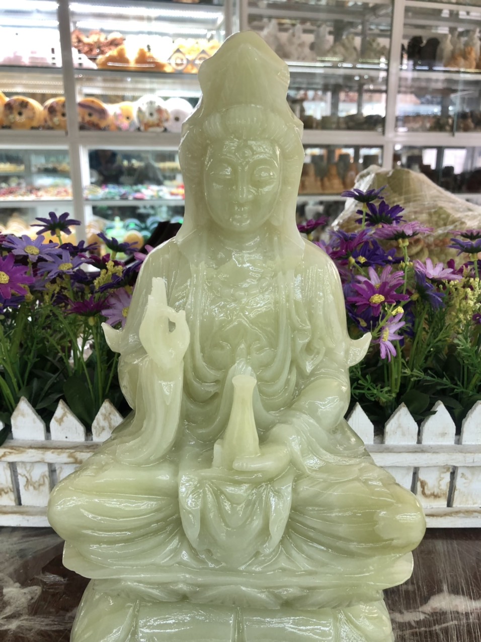 Tượng Phật Bà Quan Thế Âm Bồ Tát ngồi đài sen đá ngọc Onyx - Cao 30cm
