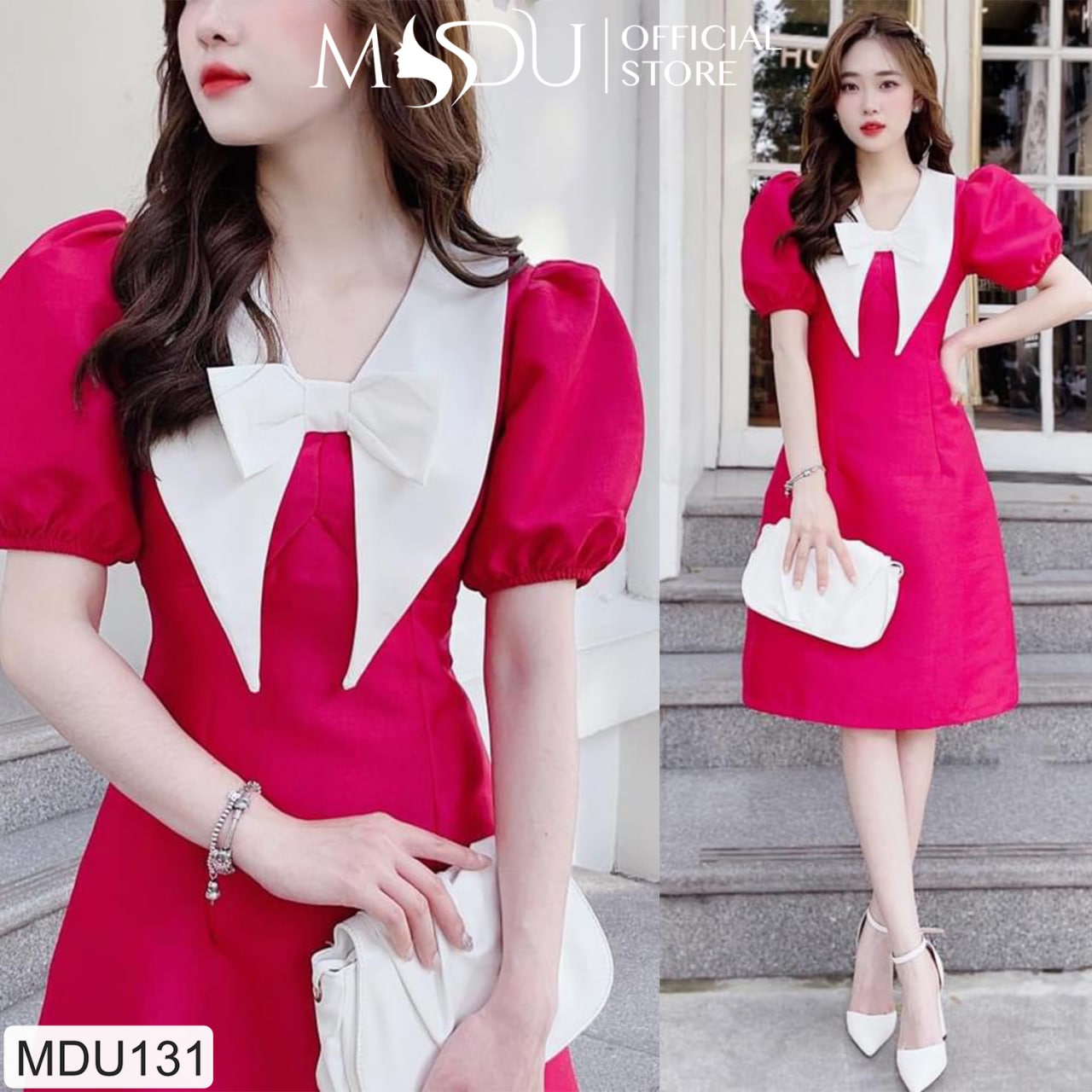 Đầm thiết kế tay bồng cổ nhọn nơ MDU131 - GLADY DESIGN [kèm ảnh thật
