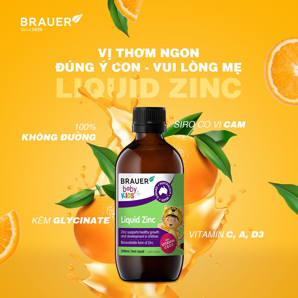 Kẽm hỗ trợ biếng ăn cho trẻ từ 1 tuổi Liquid Zinc Brauer Úc giúp trẻ ăn ngon miệng, ngủ ngon, phát triển hệ xương, tăng sức đề kháng - Massel Official-200ml/chai