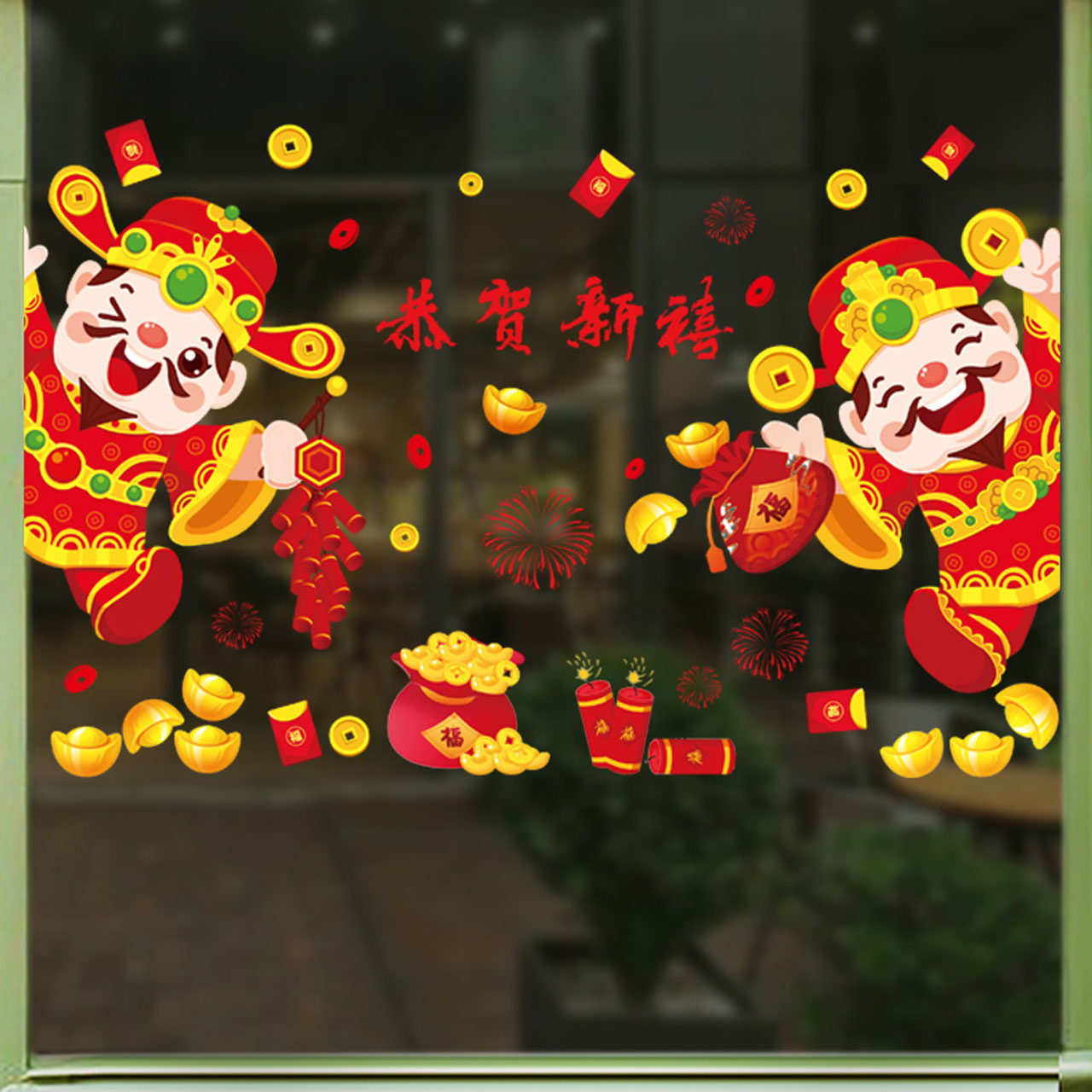 Decal dán kính trang trí Tết- Thần tài gõ cửa-