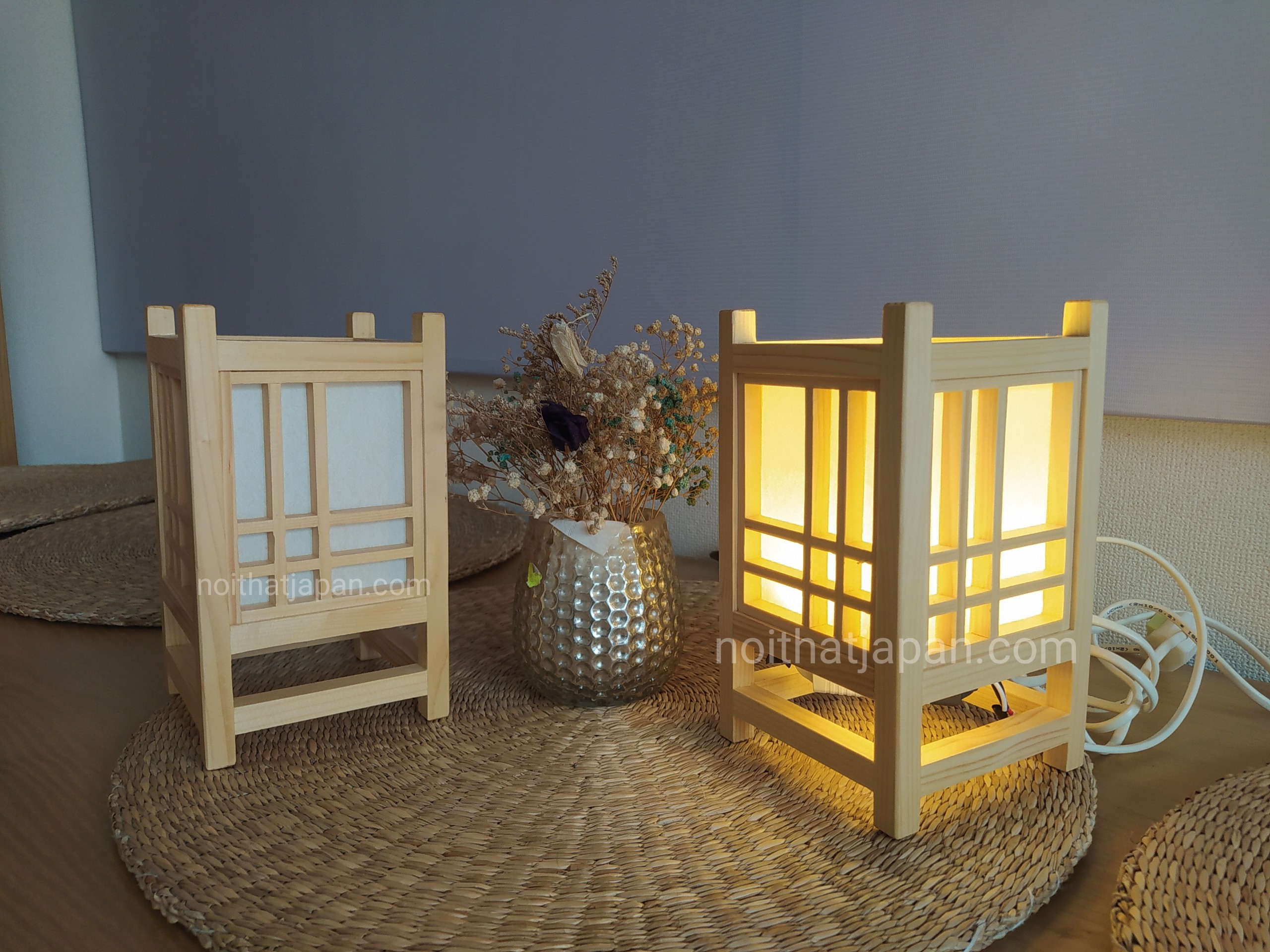 Đèn bàn gỗ tự nhiên, đèn shoji, trang trí phòng trà, phòng thiền phong cách Nhật Bản, chất liệu gỗ tự nhiên hoàn toàn kết hợp shoji Nhật bản, gồm đèn Led ánh sáng vàng