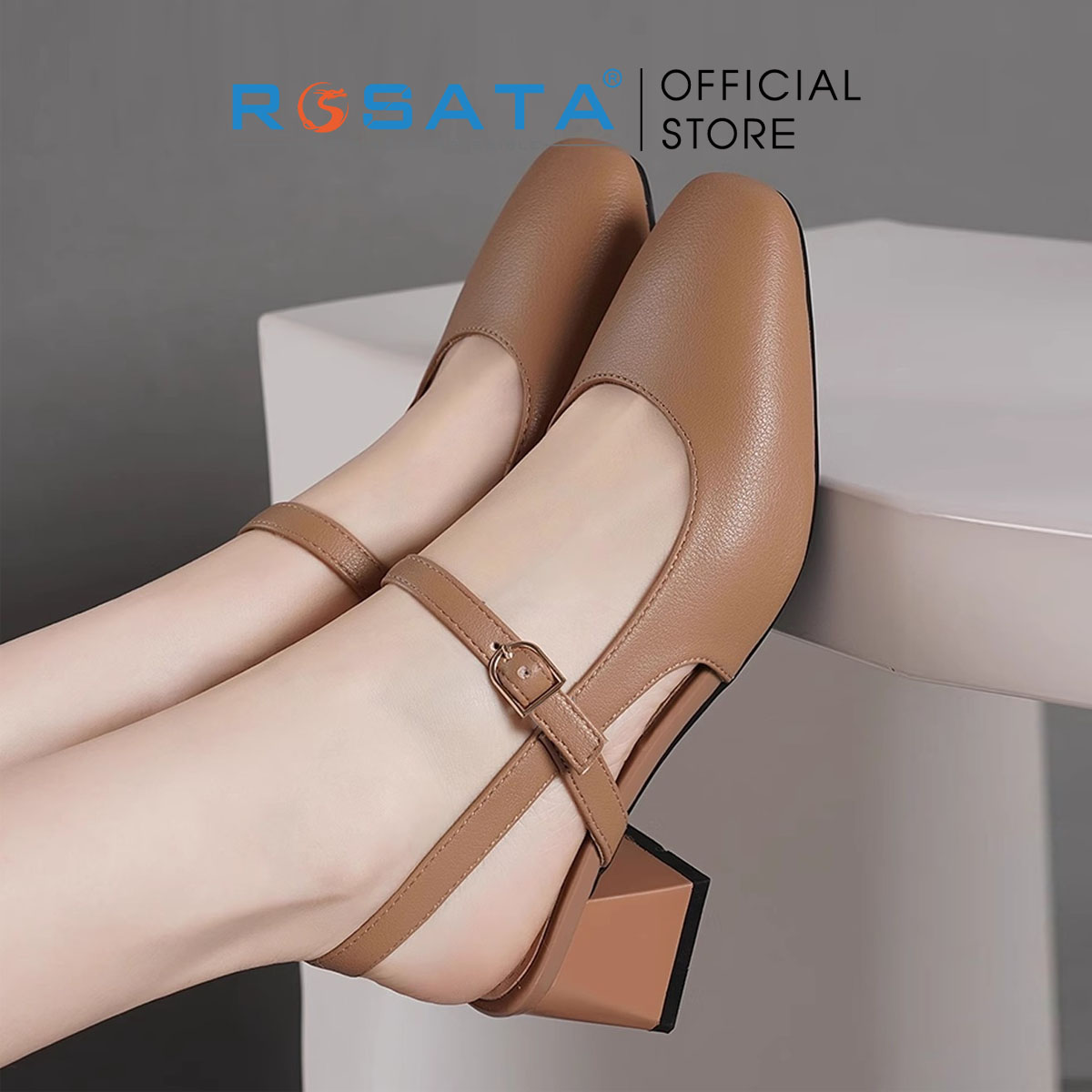 Sandal nữ bít mũi, gót vuông, quai cài ROSATA RO622 - 5p - Nâu, Kem - HÀNG VIỆT NAM - BKSTORE