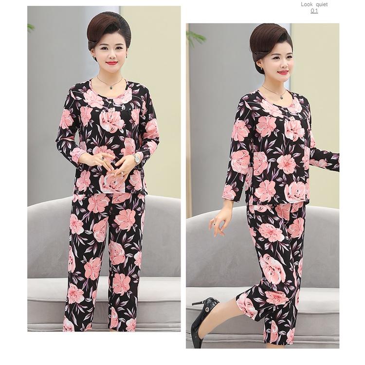 Bộ đồ trung niên tay dài quần dài đũi cực mát cho mẹ cho bà, họa tiết hoa lá xinh