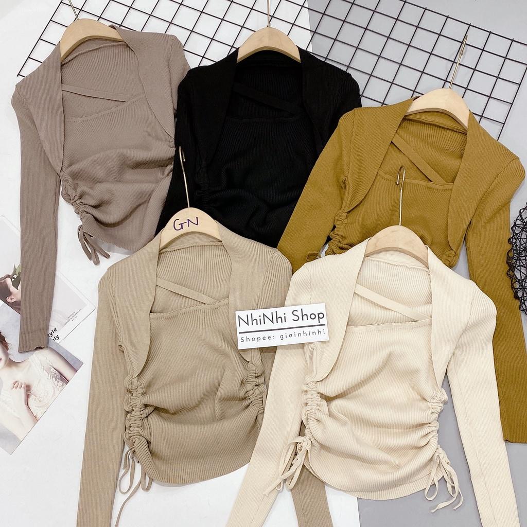 Áo len tăm cổ vuông dây chéo rút dây 2 bên, Áo kiểu dài tay dáng ôm AL1830 - NhiNhi Shop