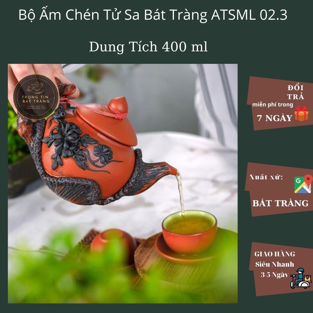 Bộ Ấm Chén Trà Đạo Gốm Tử Sa Bát Tràng Đắp Nổi Hoa Phù Dung Dáng Thủy Bình Dung Tích 400ml ATSML 02.3