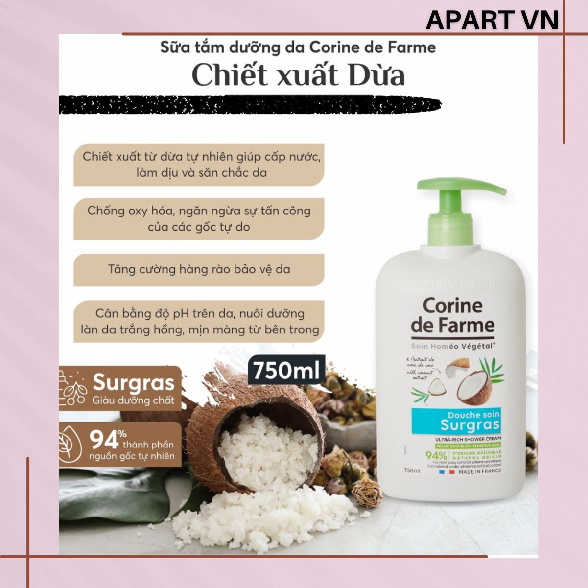 Sữa tắm dưỡng da Corine de Farme chiết xuất dừa 750ML