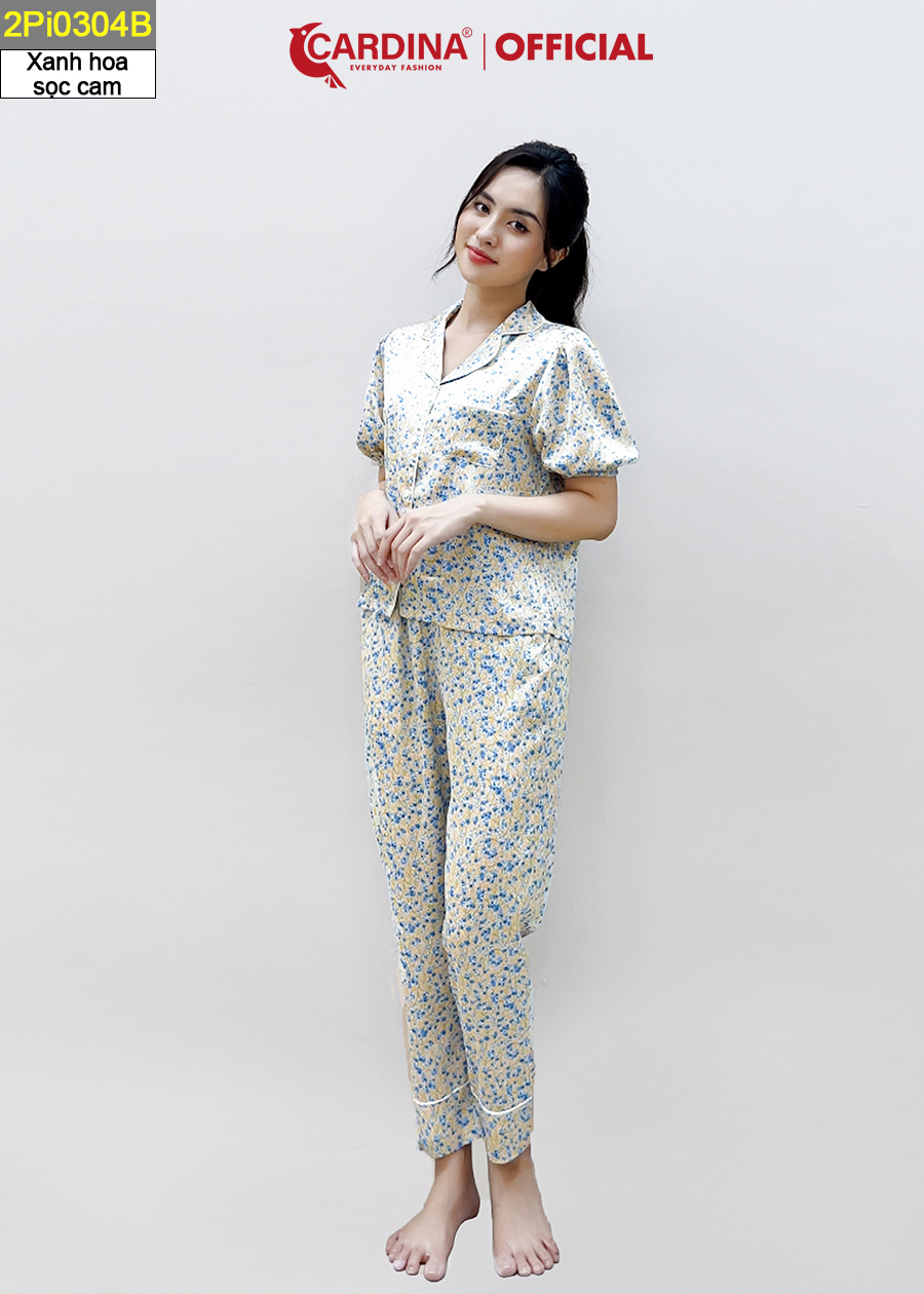 Đồ Bộ Pijama Nữ CARDINA Chất Lụa Satin Nhật Cao Cấp Áo Tay Phồng Quần Dài Họa Tiết Trẻ Trung 2Pi03