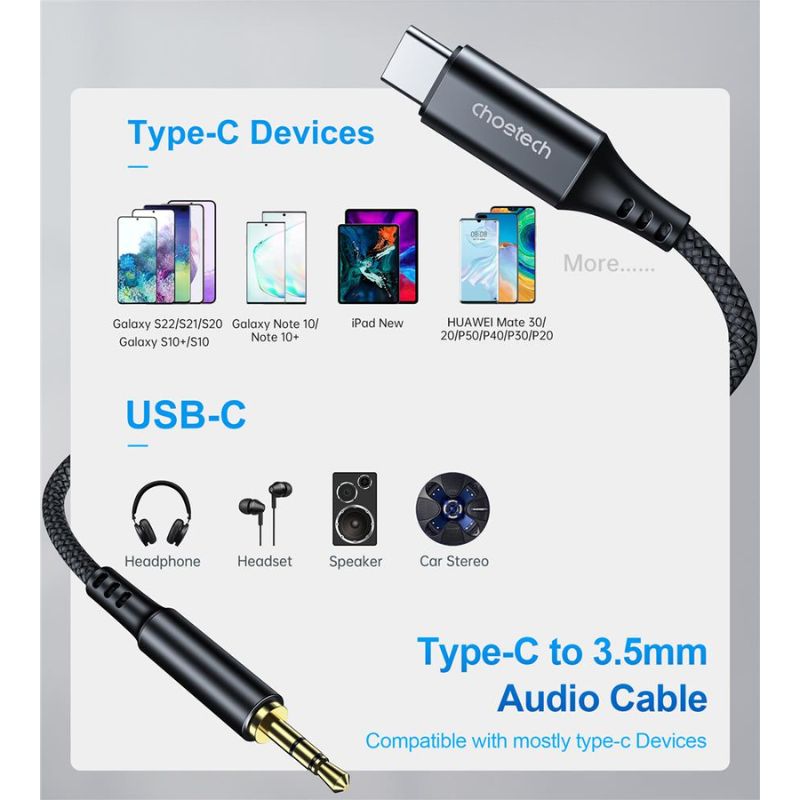 Cáp Choetech AUX006 chuyển đổi từ Type C sang Audio 3.5mm (hàng chính hãng)
