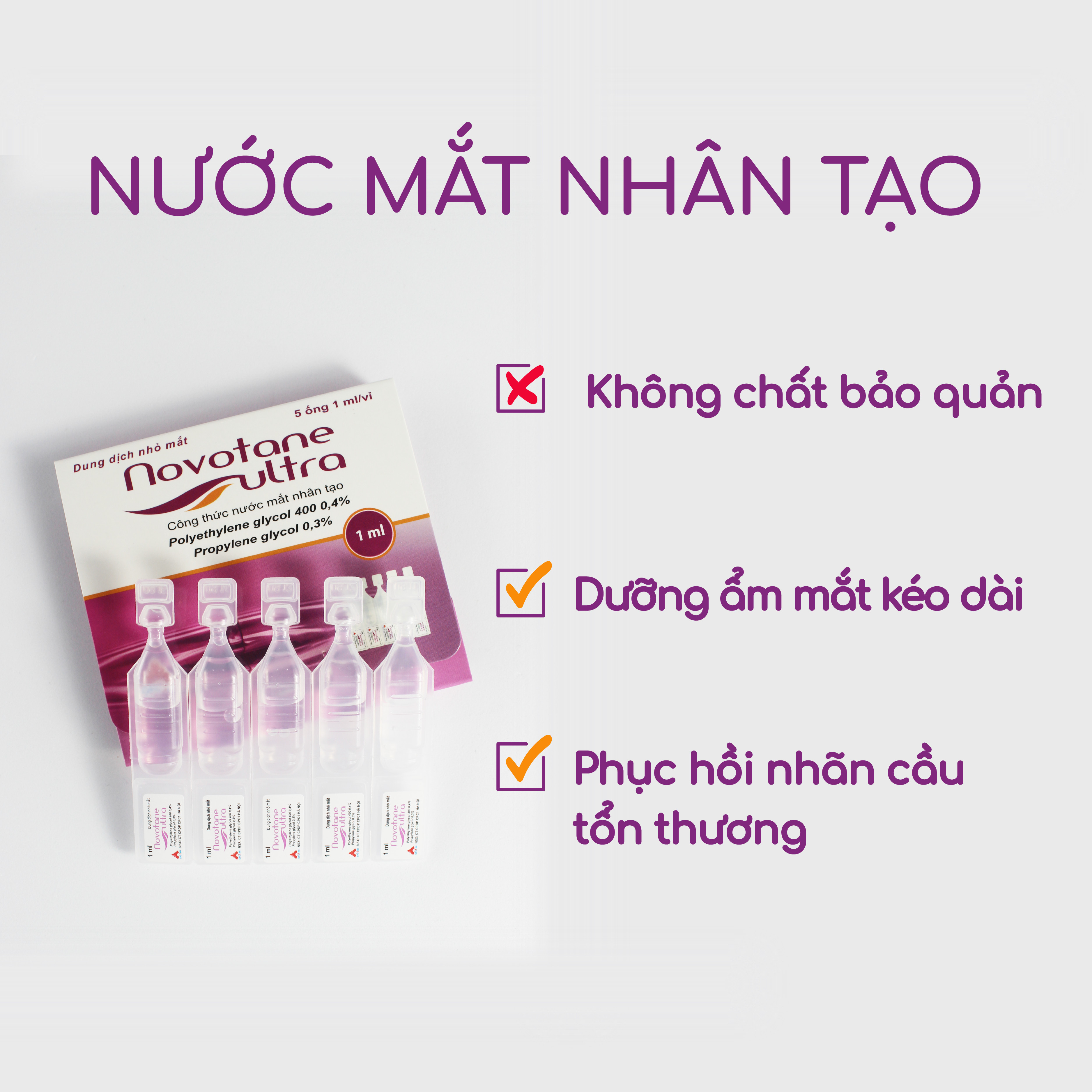 Nước mắt nhân tạo Novotane Ultra 1ml giúp bảo vệ mắt, dưỡng ẩm, giảm khô, giảm mỏi mắt