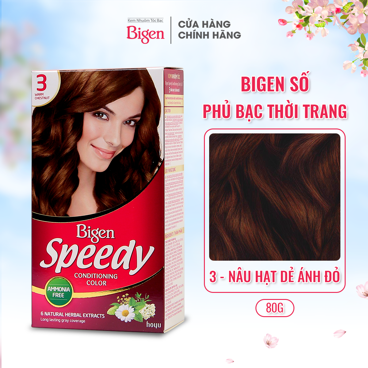 Thuốc Nhuộm Dưỡng Tóc Phủ Bạc Thảo Dược Bigen Speedy Thương Hiệu Nhật Bản 80Ml Dạng Kem - Bscc Số 3 - Nâu Hạt Dẻ Ánh Đỏ