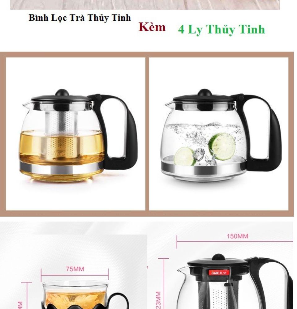 Bộ Bình Lọc Trà Thủy Tinh 700ml Kèm 4 Ly