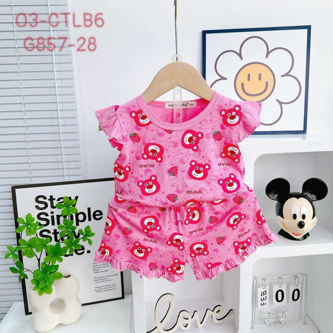 Đồ bộ bé gái, bộ cộc tay mùa hè cho bé gái hình Gấu dâu size 5-16kg chất cotton mềm mịn mát