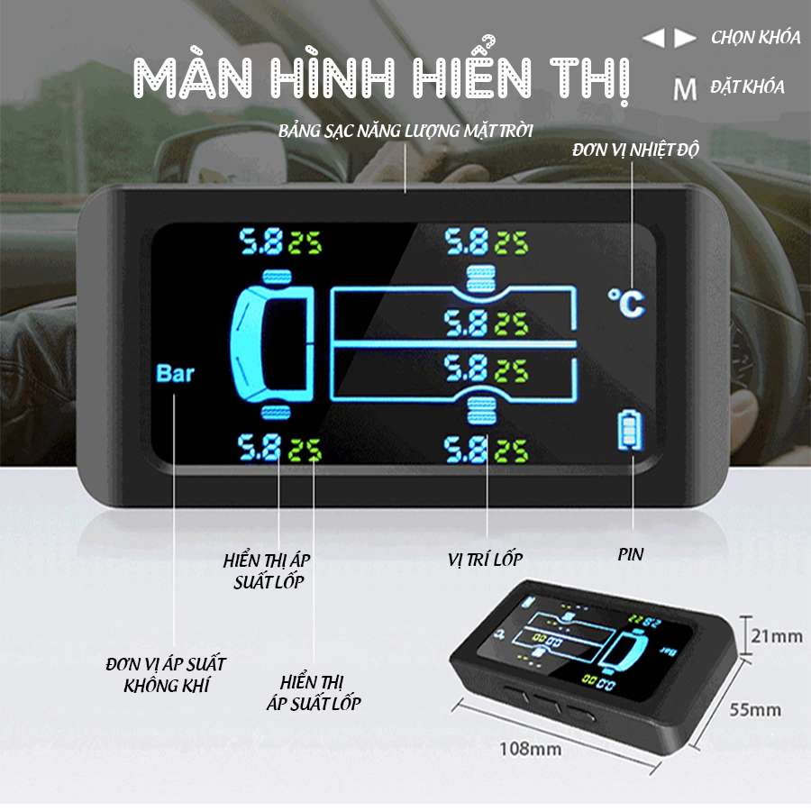 Bộ cảm biến áp suất lốp xe tải xe khách 6 bánh 9Bar kết nối không dây Pin mặt trời CAR365 Chính Hãng