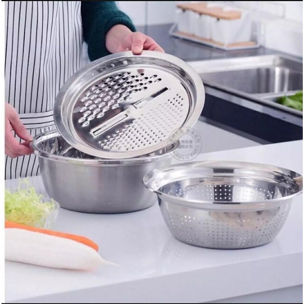 Bộ nạo rau củ 3 món kiêm rổ và chậu inox cao cấp đa năng, tiện lợi dùng cho nhà bếp