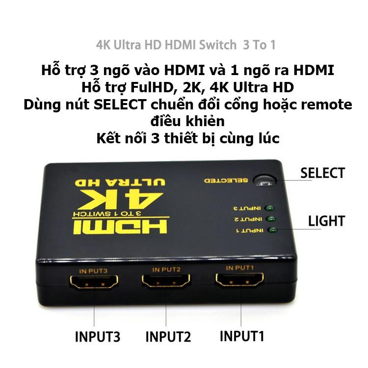 Switch HDMI 3in 1out có remote cho tivi 4k 2k 1080p