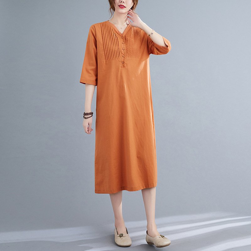 Đầm suông linen Đũi Việt thiết kế cổ V cài cúc, form rộng tay lỡ , thời trang phong cách retro cho nữ