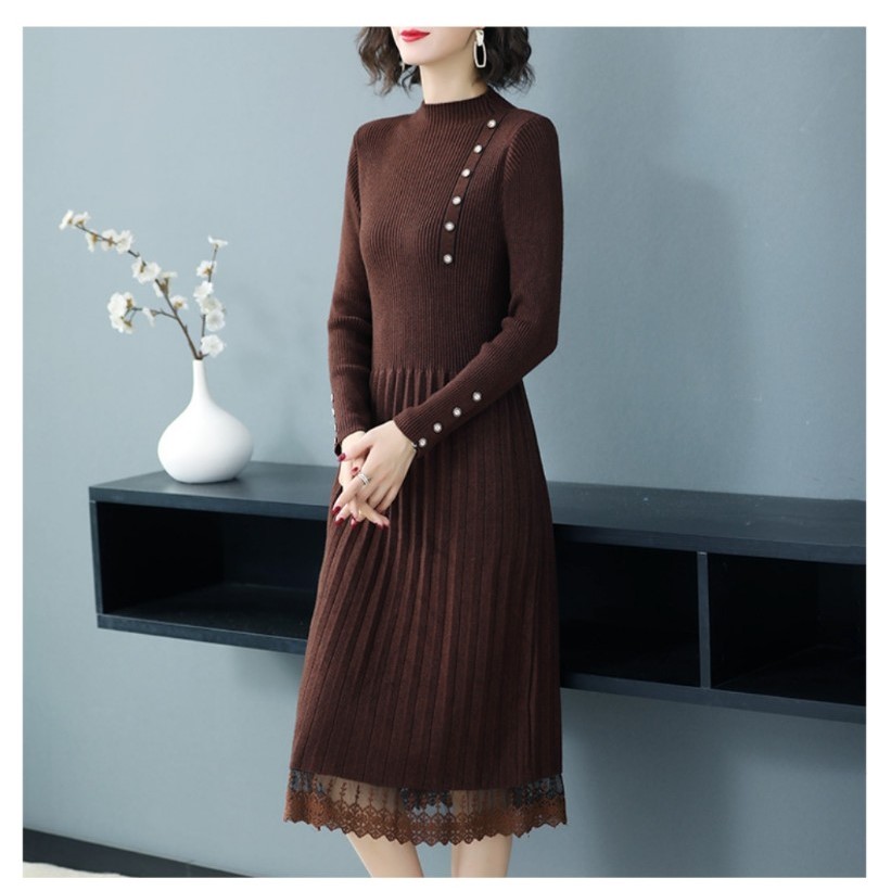 Váy Len cổ cao phối ren thời trang thu đông phong cách hàn quốc Haint Boutique AL73